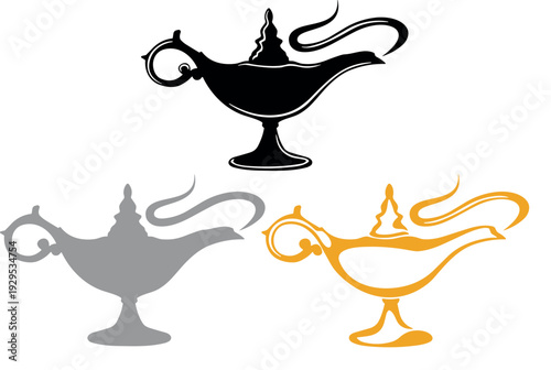 Magic Aladdin Lamp Silhouette Set Vector Illustration Featuring Black, Gold and Gray Arabian Genie Lamp Design Collection