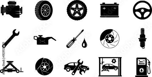 Automotive vehicle parts and car repair service black silhouette icons for maintenance diagrams or garage workshop applications.