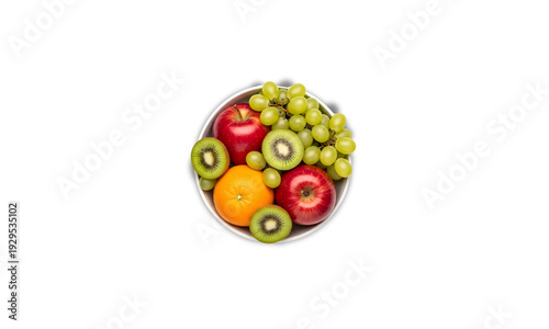 Fresh Mixed Fruit Bowl Top View Isolated on White Background