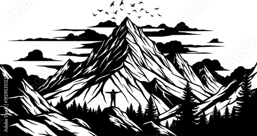 Rugged black and white mountain peak drawing capturing the essence of adventure