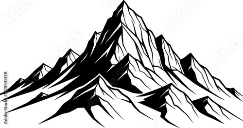 Rugged black and white mountain peak drawing capturing the essence of adventure