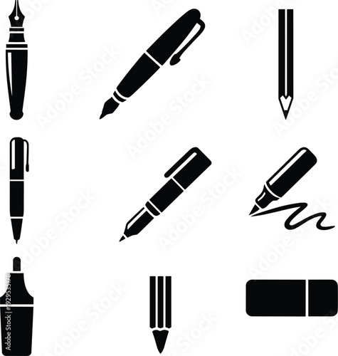 Assortment of black writing and drawing tool icons with a scribble on white background Keywords: pen, pencil, marker, eraser