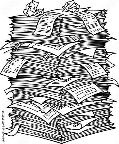 A detailed black and white doodle drawing of a large messy stack of paper documents and receipts representing bureaucracy or overwhelming administrative tasks suitable for business finance