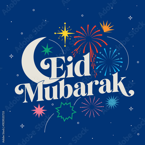Eid Mubarak text illuminated Animation by fireworks and crescent moon in a night sky, celebrating Islamic festivals and joyful occasions. vector icon