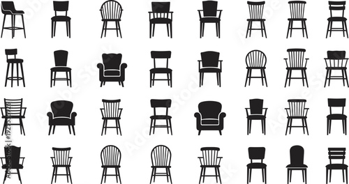 Silhouette illustration of thirty different chair designs arranged in a grid, showcasing furniture variety, interior design, seating styles, decor concepts, and minimalist representation.