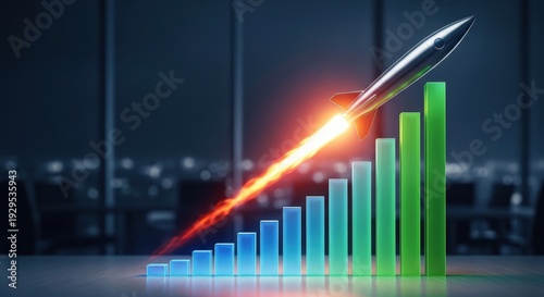 Growth and ambition soar high as a rocket launches toward success in a dynamic office environment at night