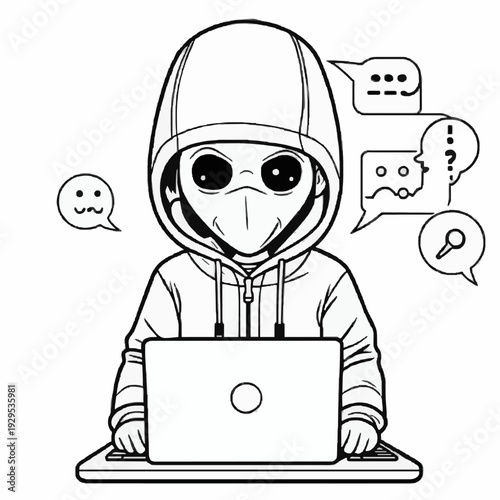 Alien Hacker with Laptop - Line Art Illustration
