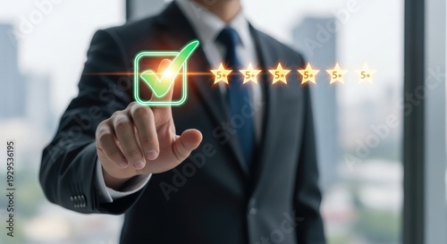 Businessman in formal suit selects a check mark while surrounded by glowing five-star ratings in a modern office setting