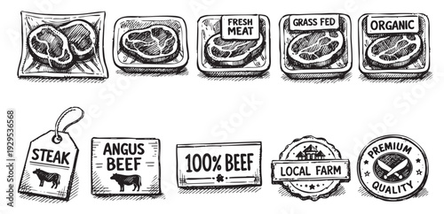 Hand-drawn illustration showcasing various beef labels and meat packaging icons in black and white; representing fresh, organic, grass-fed, and premium quality meats.