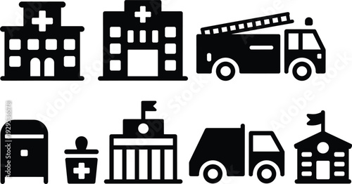 Assortment of public service icons featuring buildings, vehicles, and a mailbox hospital fire truck