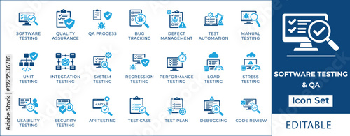 Software testing and quality assurance icon set featuring bug tracking, test automation, manual testing, API testing, security audit, code review, and QA process symbols.