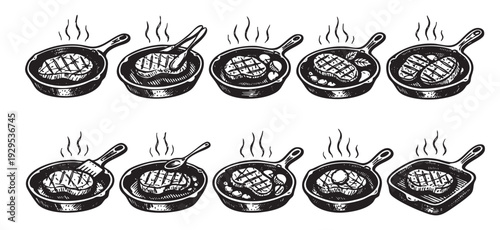 Hand-drawn illustration of various steaks grilling in cast iron frying pans, perfect for food blogs, menus, and culinary themes, showing cooking meat.