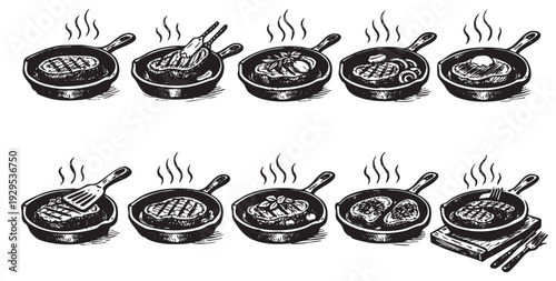 Vector illustration featuring multiple cast iron pans with different cuts of steak cooking, ideal for food-related designs, menus, or culinary projects. Black and white drawing.