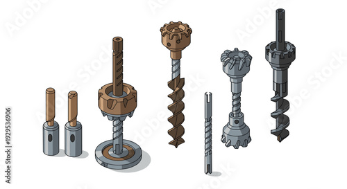 set of hand drawn isometric drill bits and core drills detailed illustrations