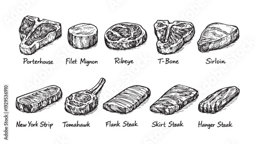 A hand-drawn illustration depicts various cuts of steak, including porterhouse, filet mignon, ribeye, t-bone, and more, on a white background. Useful for menu design or recipe illustrations.