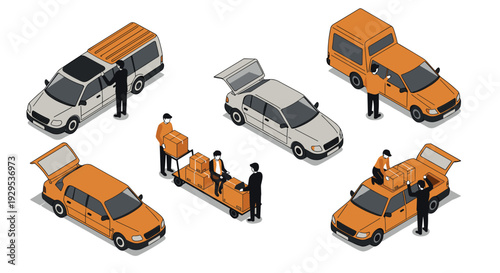 delivery vehicle service set with people loading and unloading boxes hand drawn isometric illustration