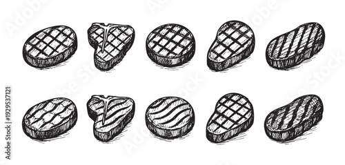 Hand-drawn sketch illustration of various steaks, including T-bone, with grill marks on a white background, ideal for menus, recipe blogs, or butcher shop advertising.