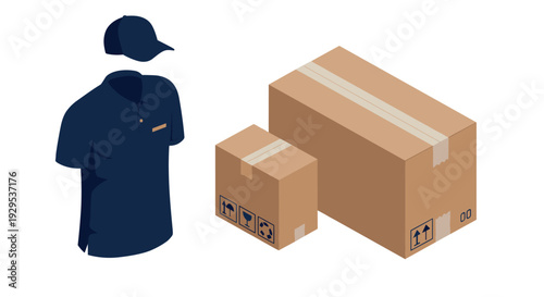 navy blue polo shirt and cap with two cardboard boxes in isometric style for delivery concept