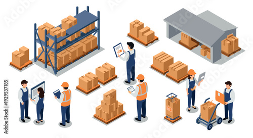 isometric warehouse workers checking inventory with cardboard boxes and storage racks illustration