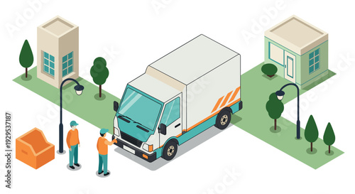isometric delivery van with two workers near houses and trees hand drawn urban logistics illustration