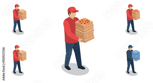 pizza delivery man holding stack of pizza boxes isometric set in red and blue uniforms
