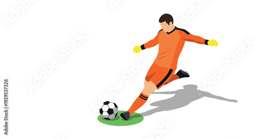 soccer goalkeeper kicking ball in orange uniform flat vector illustration for sports design
