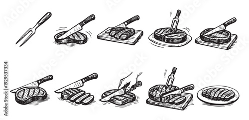 Black and white hand-drawn illustration showing various stages of meat steak preparation with knife and fork, creating a rustic and classic feel.