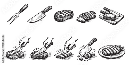 Hand-drawn sketch illustration showcasing steak grilling, carving with knives, and the preparation process, suitable for menus, recipes, or culinary-themed projects.