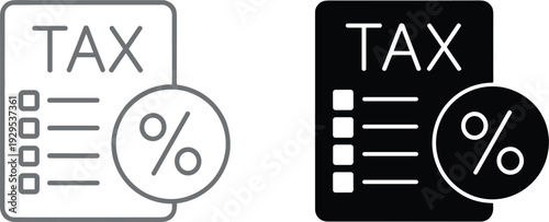 Black and grey icons of tax documents with percentage symbols Keywords: tax, document, form, percentage, percent, symbol