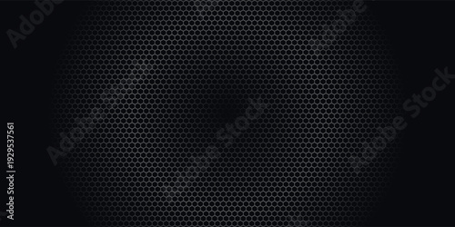 Dark grey abstract wide horizontal banner with hexagon carbon fiber grid and orange luminous lines. Technology vector background with orange neon lines
