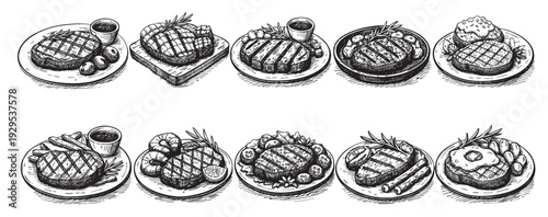 Hand-drawn black and white illustrations of various steak dishes served on plates with sides, providing a vintage, sketched look perfect for menus or food blogs.