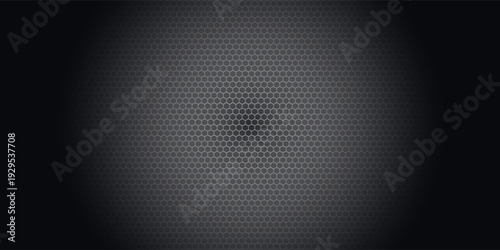 Dark grey abstract wide horizontal banner with hexagon carbon fiber grid and orange luminous lines. Technology vector background with orange neon lines