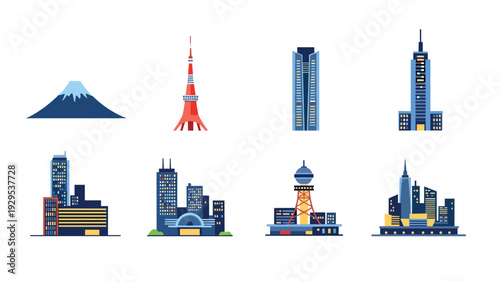 set of famous japan landmarks and tokyo city skyline vector illustrations in flat style