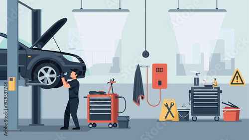 mechanic working on car wheel in automotive repair shop with tools and equipment flat illustration
