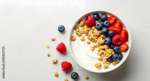 A bowl of yogurt with granola and fresh berries