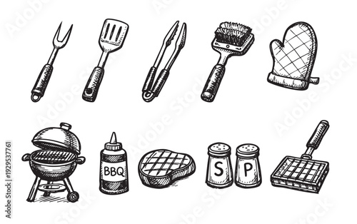 Set of hand drawn BBQ grill tools and food in sketch style, including a grill, utensils, sauce, steak, spices, and oven mitt. Isolated on a white background.