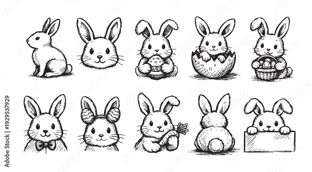 Obraz premium A collection of ten adorable hand-drawn Easter bunny sketches in black and white, perfect for holiday cards, invitations, and festive designs.