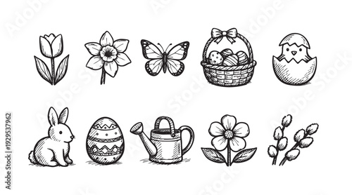 Hand-drawn set of Easter and spring elements isolated on a white background, including bunny, eggs, flowers, chick, basket, and watering can.