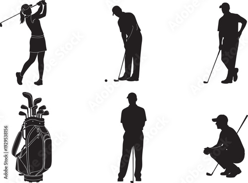 Silhouette illustration of golfers and equipment in various poses, including swinging, putting, standing, crouching, and golf bag, symbolizing sports, 