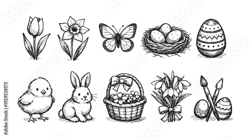 Hand-drawn black and white Easter icons, including flowers, a rabbit, chick, nest, and eggs, creating a festive, vintage and hand-crafted feel for springtime designs.