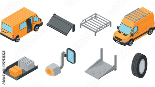 isometric yellow cargo van and detailed parts set hand drawn vector illustration for transportation and delivery design