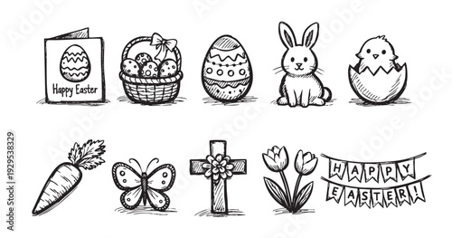 A set of hand-drawn Easter doodles, including eggs, chick, bunny, cross, and flowers, arranged on a white background, ideal for spring holiday designs.