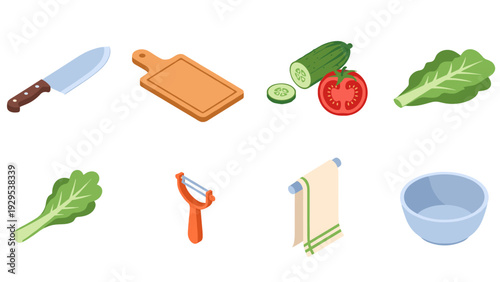 set of hand drawn kitchen tools and fresh vegetables including knife cutting board cucumber tomato leafy greens peeler dish towel and bowl icons