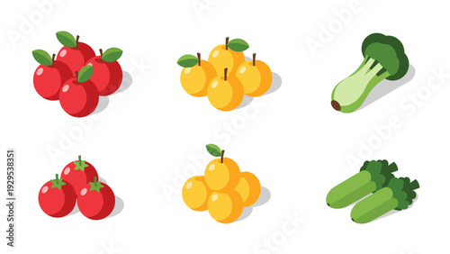 collection of fresh colorful fruits and vegetables in simple flat isometric style with apples tomatoes apricots broccoli and celery