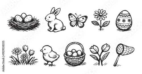 Collection of hand-drawn Easter and spring doodles in black ink on a white background, including eggs, flowers, bunny and chick. Perfect for designs needing a whimsical, festive touch.
