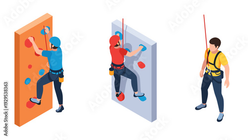 isometric people climbing indoor rock walls with safety harnesses in flat vector style