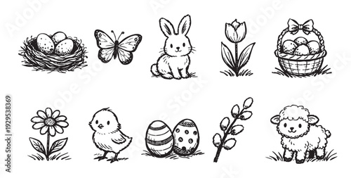 Whimsical black and white illustration of Easter icons including a bunny, eggs, chick, lamb, flower, and butterfly for use in holiday designs and graphics.