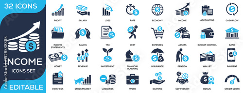 Income and finance solid icon set featuring profit, salary, tax, investment, expenses, banking, and financial planning. Flat vector icons for accounting and money management projects.