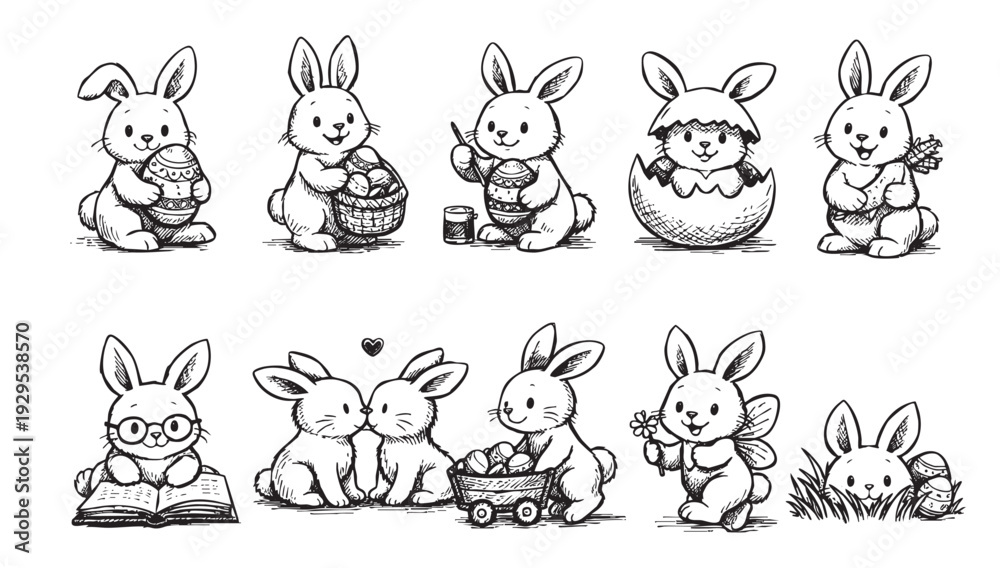 Obraz premium Charming black and white illustration showcasing a collection of Easter bunnies in various poses and activities, including painting eggs, hatching, reading, and carrying flowers.