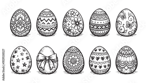 Hand-drawn collection of Easter eggs adorned with doodles, including flowers, butterflies, stars, and hearts, perfect for holiday-themed designs.